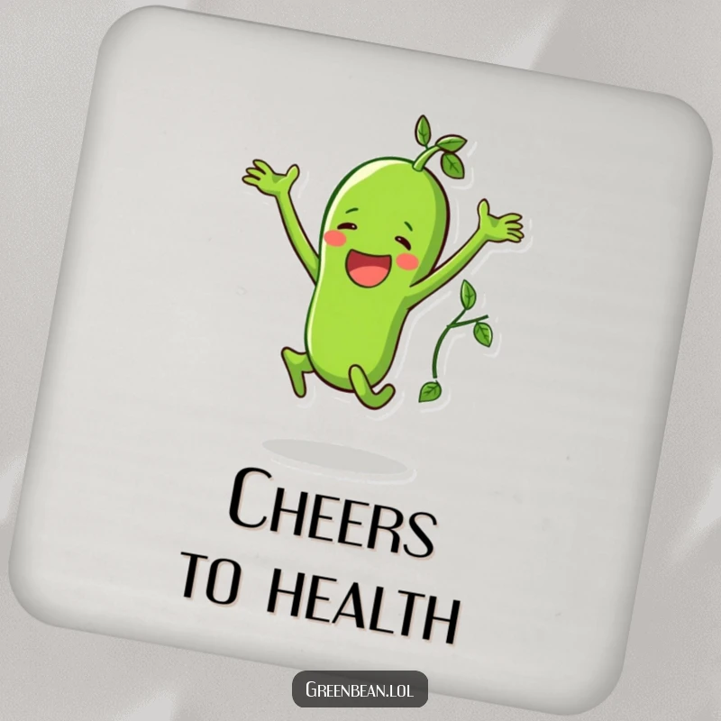 Funny coasters featuring a happy green bean character doing a jumping jack with a vine, protecting surfaces.