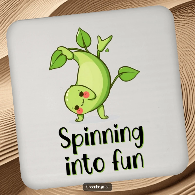 Funny Green Bean Coaster: A humorous coaster featuring a green bean character doing a playful somersault, perfect for protecting surfaces with style.