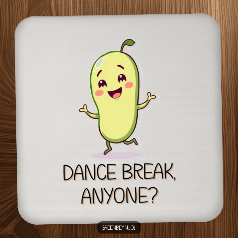 Funny drink coaster featuring a green bean character in a happy jig, adding playful charm.