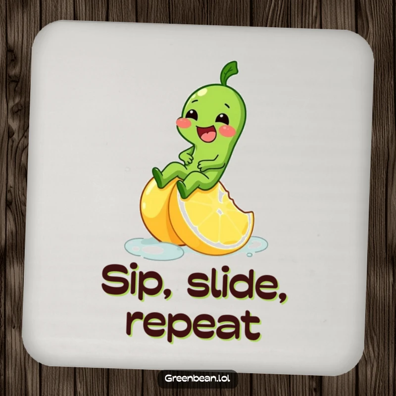 Funny drink coaster with a green bean character giggling as it slides down a slippery lemon wedge.