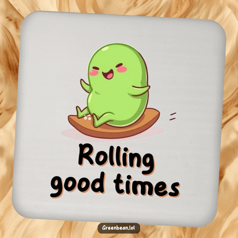 Funny Coaster featuring a plump green bean character rolling down a gentle slope with glee, protecting your table.