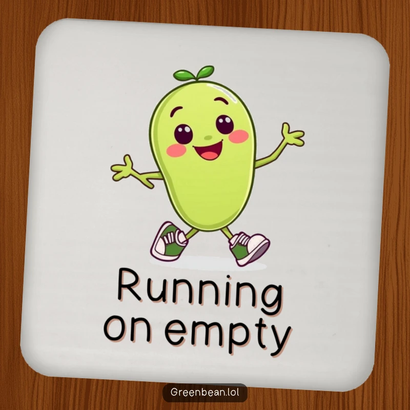 Funny drink coaster with a smiling green bean character wearing tiny running shoes, in a running pose.