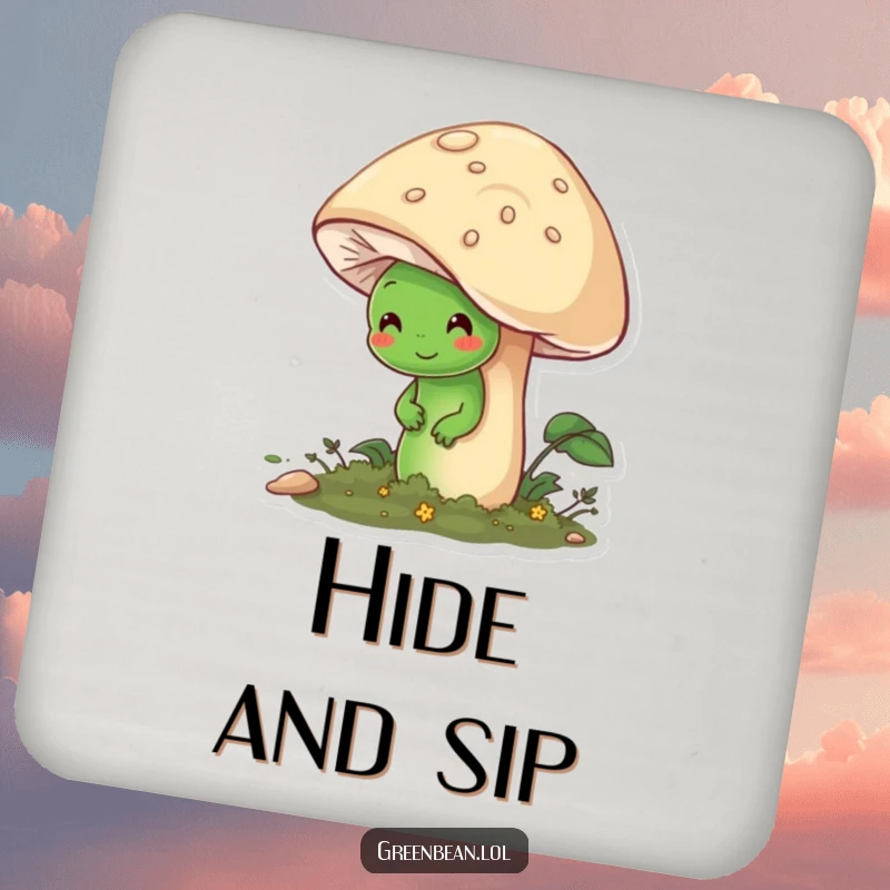 Funny drink coaster showcasing a shy green bean character hiding behind a large, friendly mushroom, adding gentle charm.