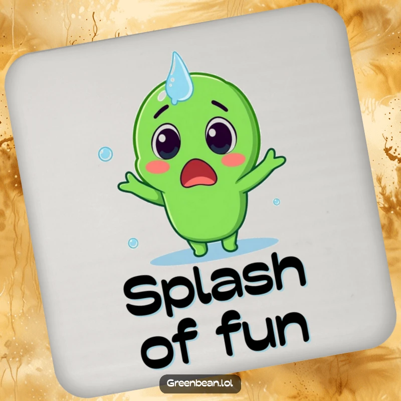 Funny Coaster set featuring a surprised green bean character being splashed, perfect for protecting surfaces with playful humor, a delightful funny gift.