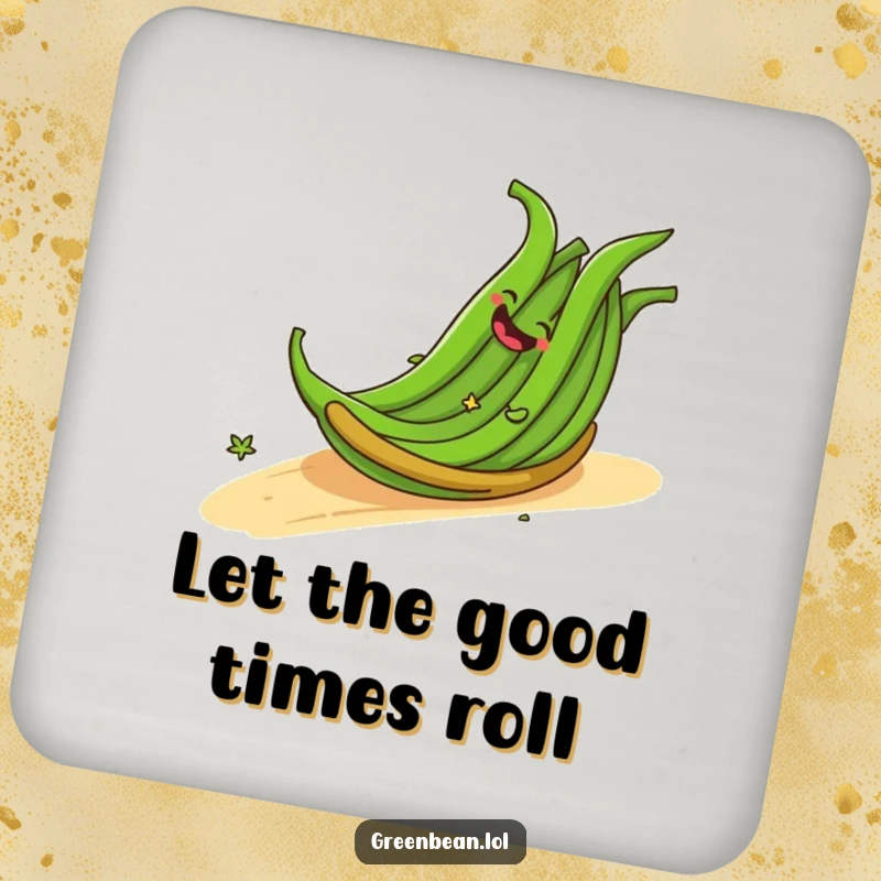 Funny drink coaster with a cheerful bundle of green beans giggling as they roll down a slope, safeguarding surfaces with humor. A quirky funny gift.