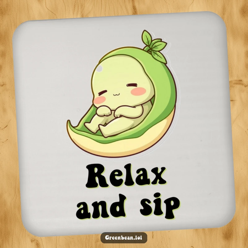 Funny drink coasters with a content green bean relaxing in its pod, protecting surfaces with cozy humor, a great funny gift.