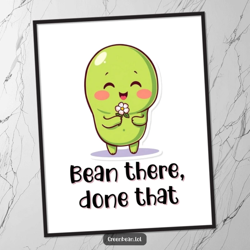 Funny green bean character with a charming expression offers a delicate tiny flower, displayed as wall art poster.