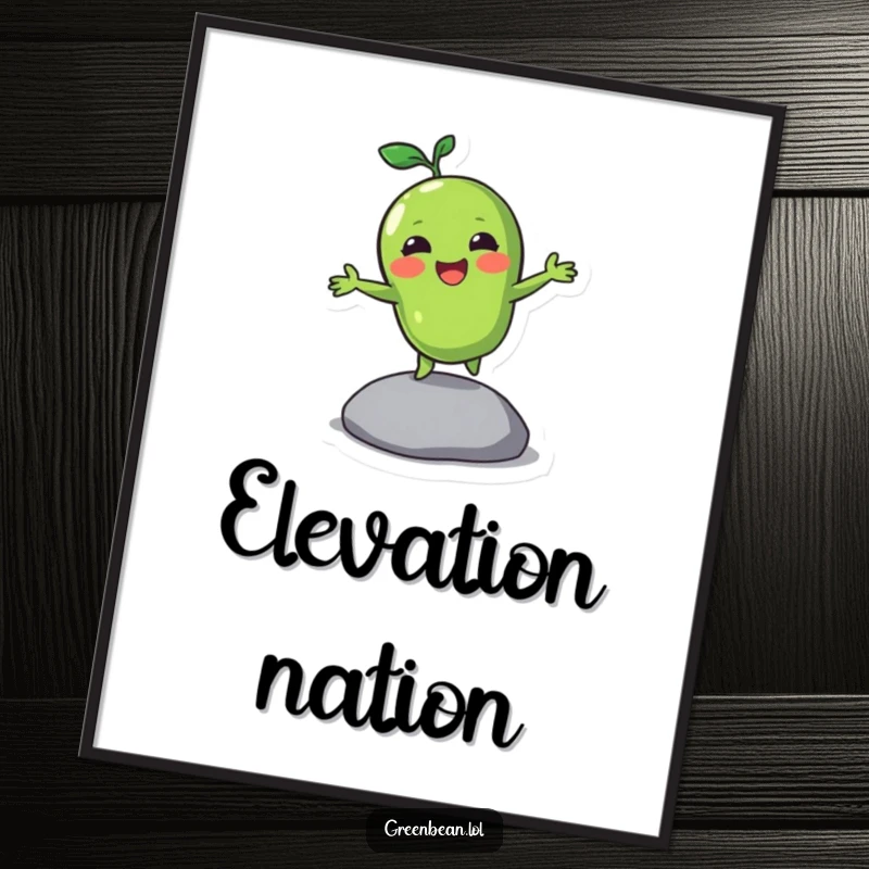 Funny poster with a green bean character joyfully bouncing on a pebble, radiating energy and happiness on your wall.