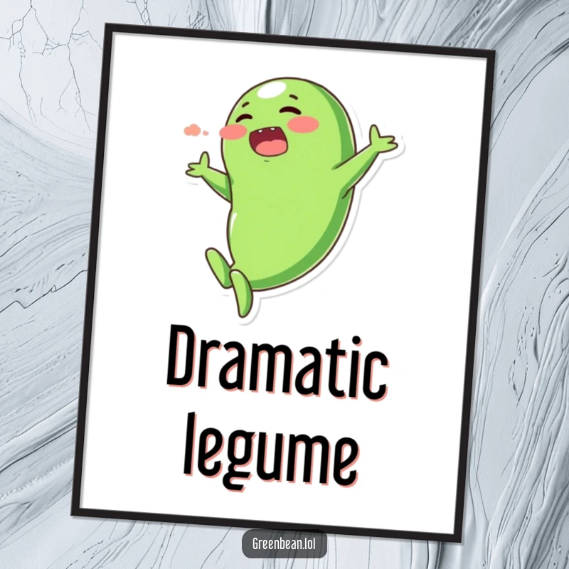 Funny poster displaying a plump, blushing green bean character in a dramatic, exaggerated dive, adding humor to walls.