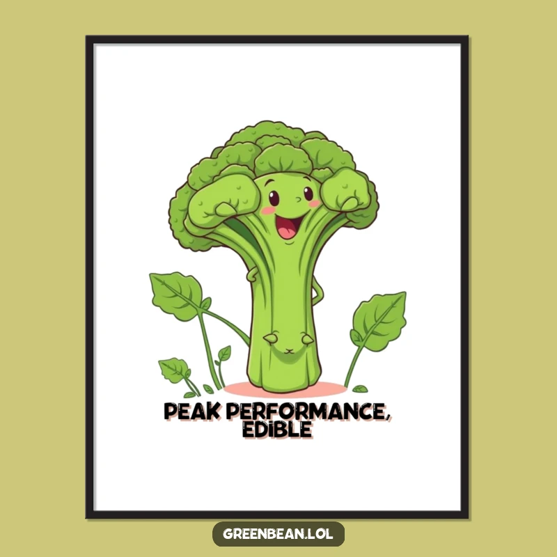 Funny Green Bean Climbing Broccoli Poster: Hilarious Vegetable Art Print