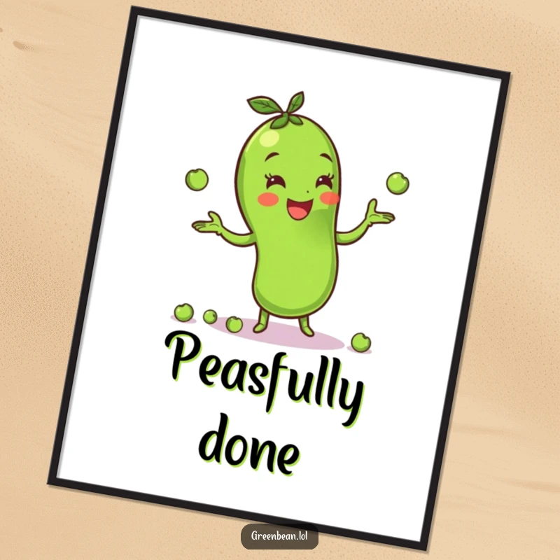 Funny green bean poster depicting a cheerful character in the act of juggling tiny peas, radiating pure joy and playful veggie energy. Vibrant.