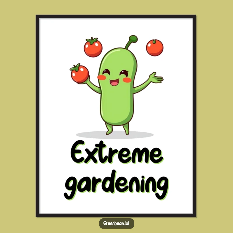 Funny Green Bean Juggling Tomatoes Poster: Vibrant Wall Art for Laughs