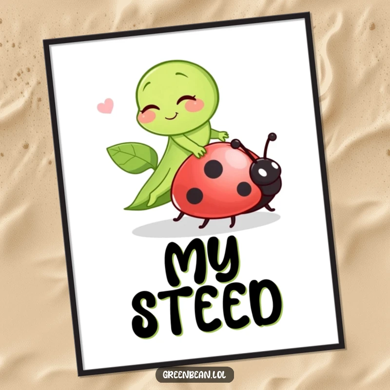 Funny green bean winking playfully while riding a ladybug, vibrant and humorous wall art to uplift any room.