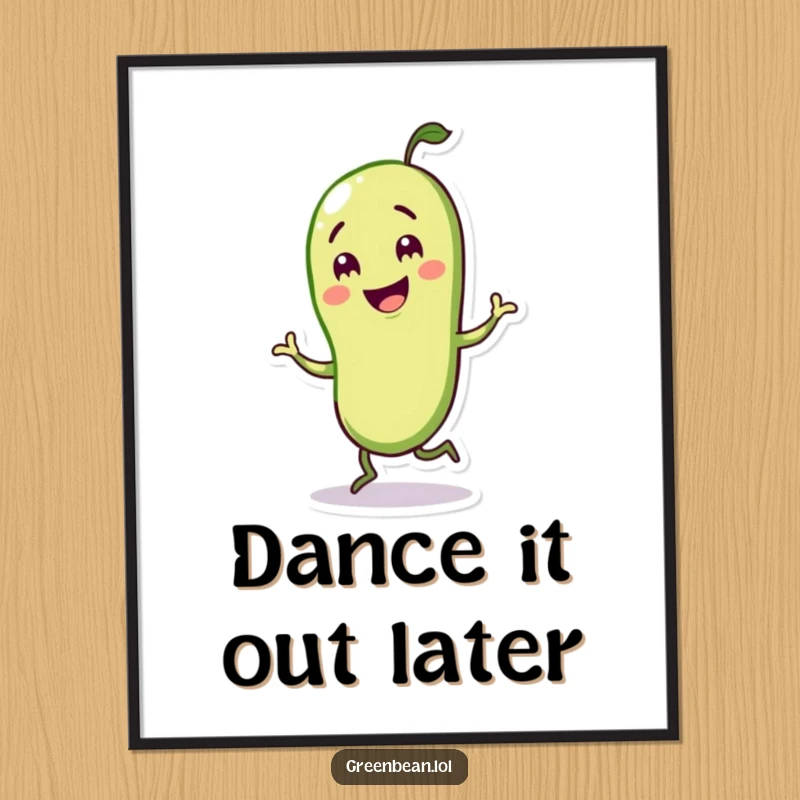 Funny poster of a happy green bean character performing an energetic jig, radiating joy and movement.