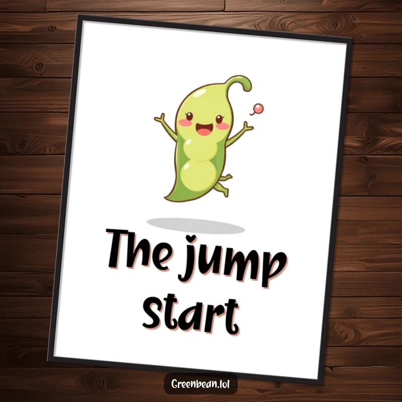 Funny pea pod poster showing a happy pea pod in a playful leap with peas popping out, creating vibrant and humorous wall art.