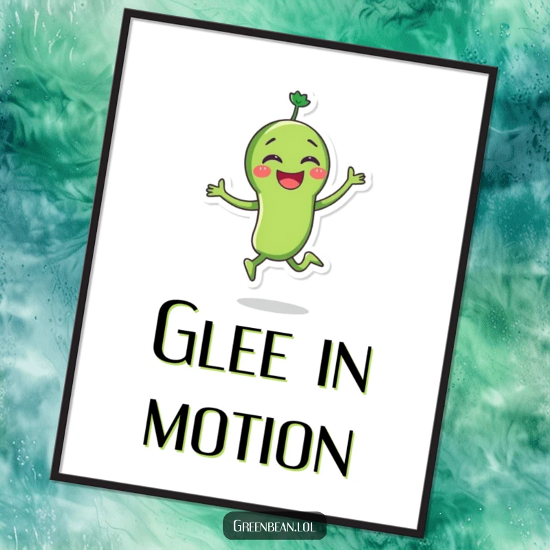 Funny green bean poster depicting a joyous character skipping with great glee, radiating pure happiness and energetic veggie spirit. Vibrant art.