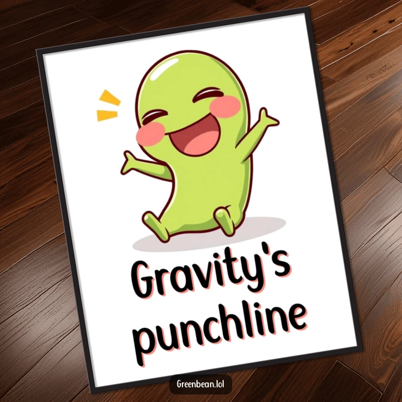 Funny poster featuring a green bean character comically slipping, creating a humorous and eye-catching piece of wall art.