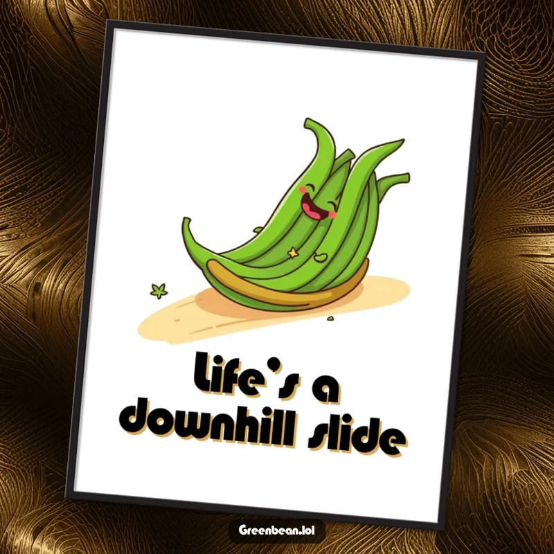 Funny poster of a cheerful bundle of green beans giggling as they roll down a slope, bringing joyful, playful vibes. A great funny gift.