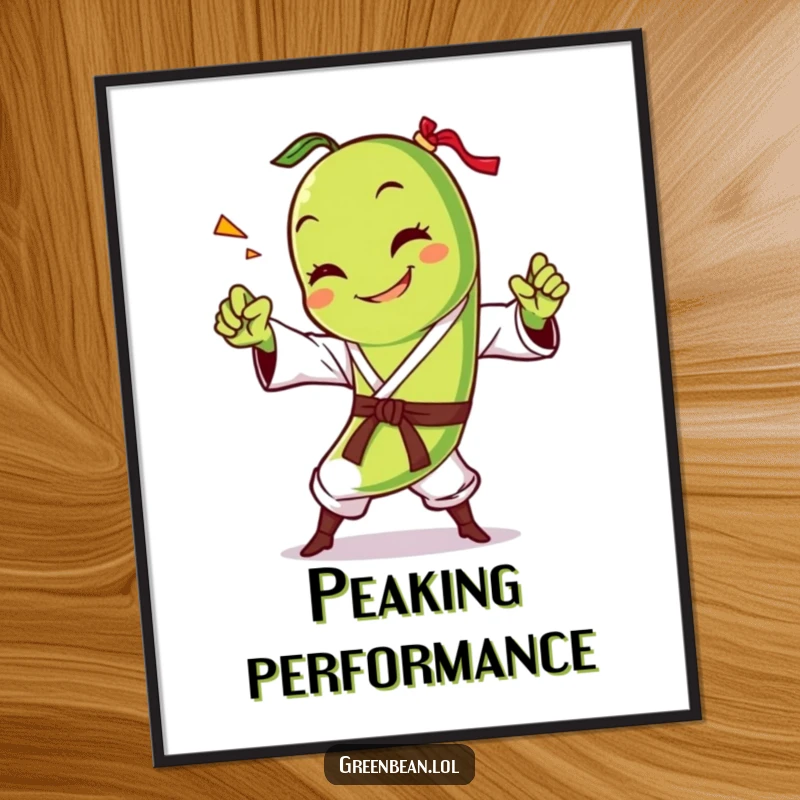 Funny green bean poster capturing a smiling character performing a forceful karate chop, radiating comedic energy and martial arts prowess. Vibrant art.