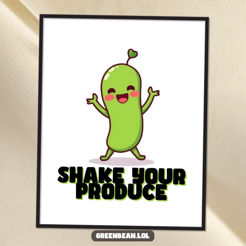 Funny poster of a green bean character performing a lively shimmy dance. Joyful and humorous wall art for dance lovers.