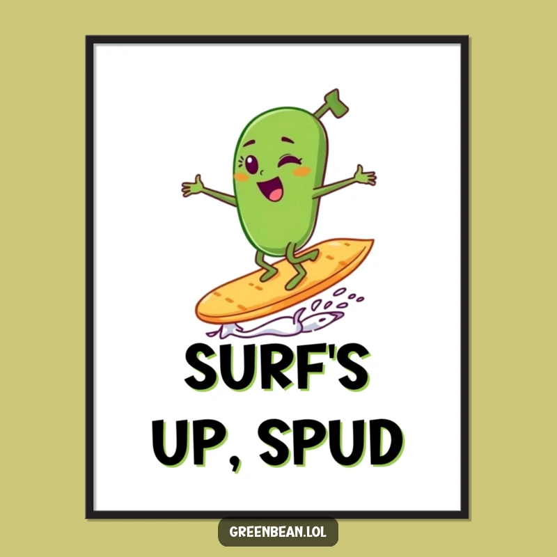 Funny Green Bean Surfing Poster - Hilarious Winking Chip Art Print