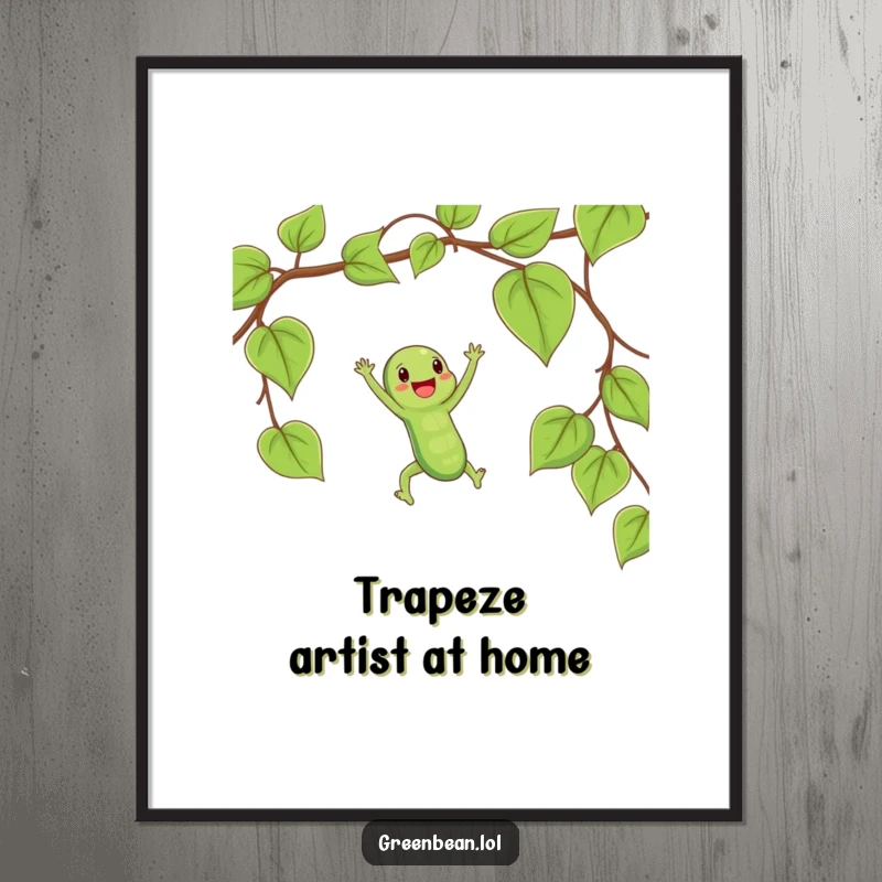 Funny poster of a happy string bean swinging on a vine like a trapeze, conveying pure, unadulterated fun.