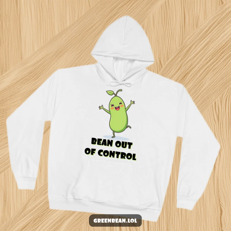 Funny green bean hoodie depicting a cheerful green bean with tiny legs executing a joyful cartwheel; ideal for screen readers to visualize playful movement.