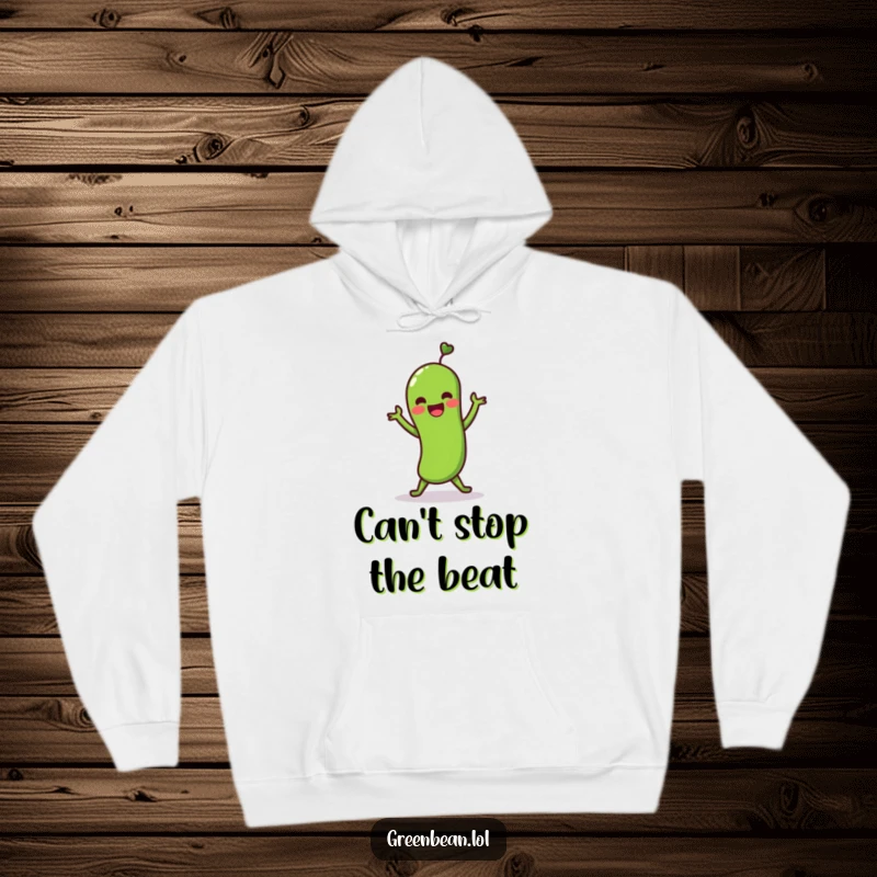 Funny hoodie with a lively green bean character doing a shimmy dance. Comfortable and humorous apparel for dance lovers.