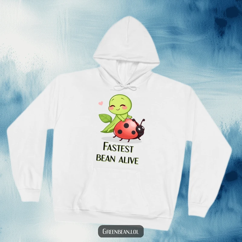 Funny green bean winking playfully while riding a ladybug, designed for comfort and a touch of silliness.