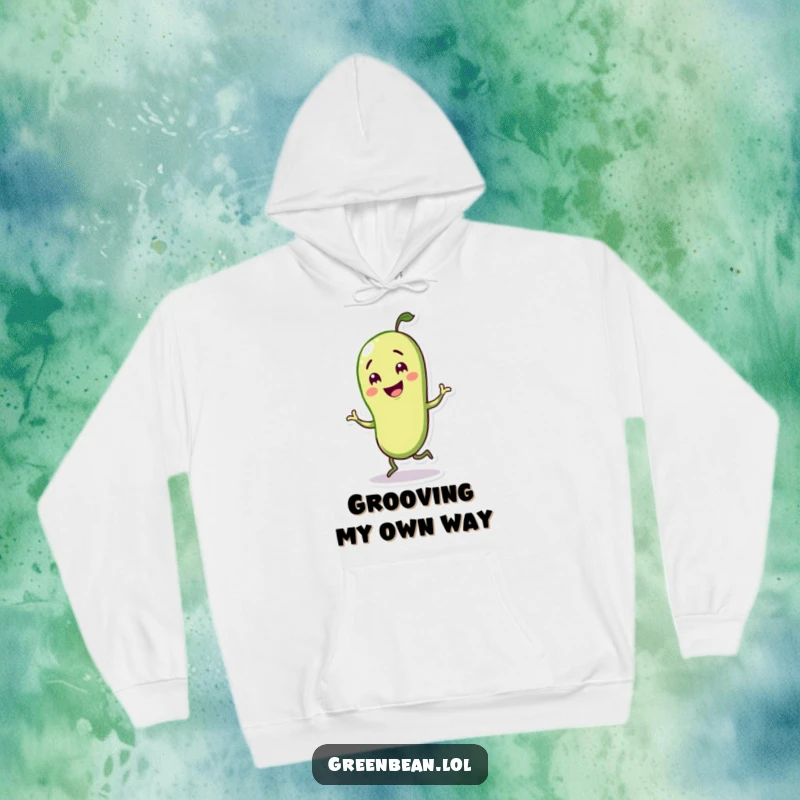Funny hoodie illustrating a green bean character in the midst of a lively jig, conveying infectious happiness.