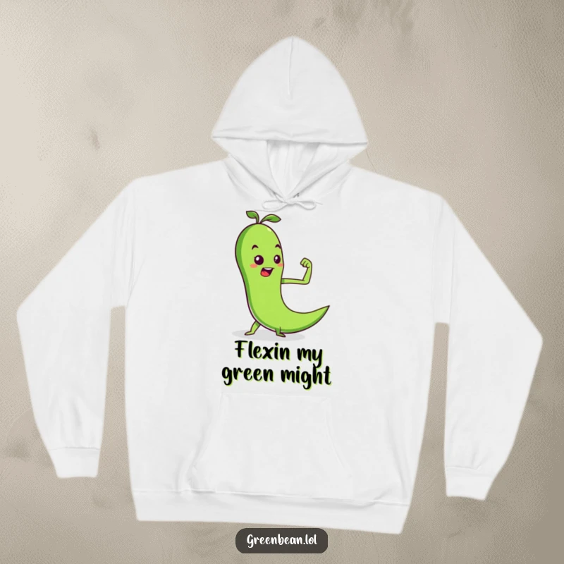 Funny hoodie with a determined green bean flexing a pea muscle, designed for fitness lovers and a great funny gift.