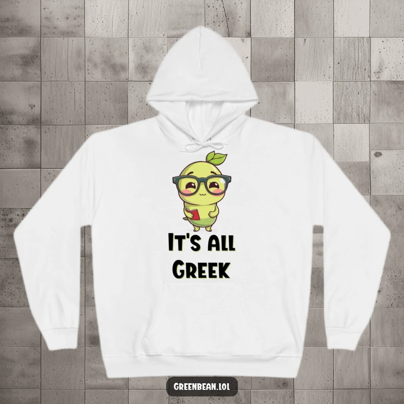 Funny studious green bean wearing reading glasses, a comfortable and humorous hoodie for book lovers.
