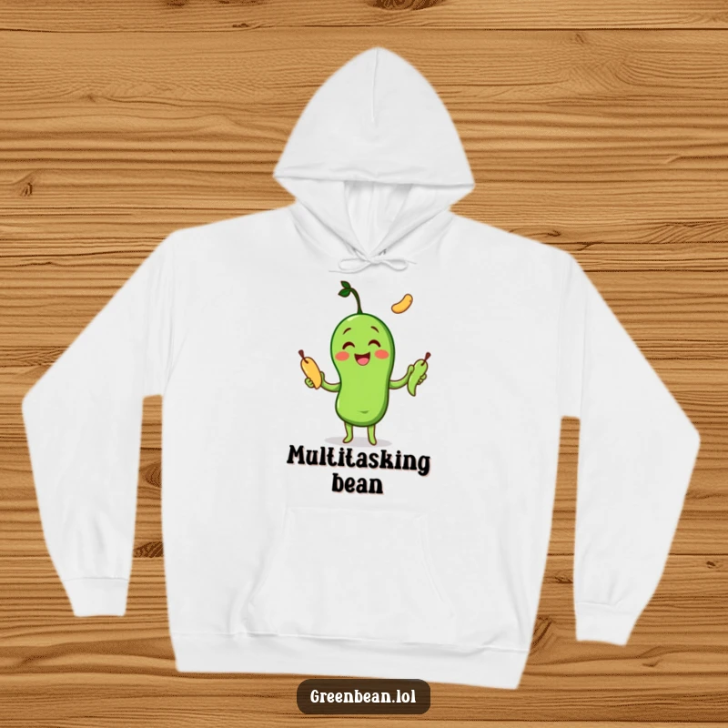 Funny Hoodie depicting a happy green bean character actively and joyfully juggling three other green beans with ease.