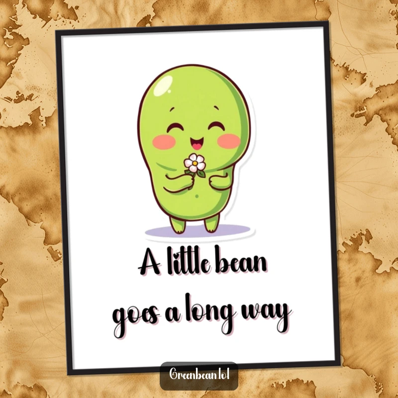 Funny free printable wall art of a charming green bean character holding out a tiny flower, spreading whimsical joy.