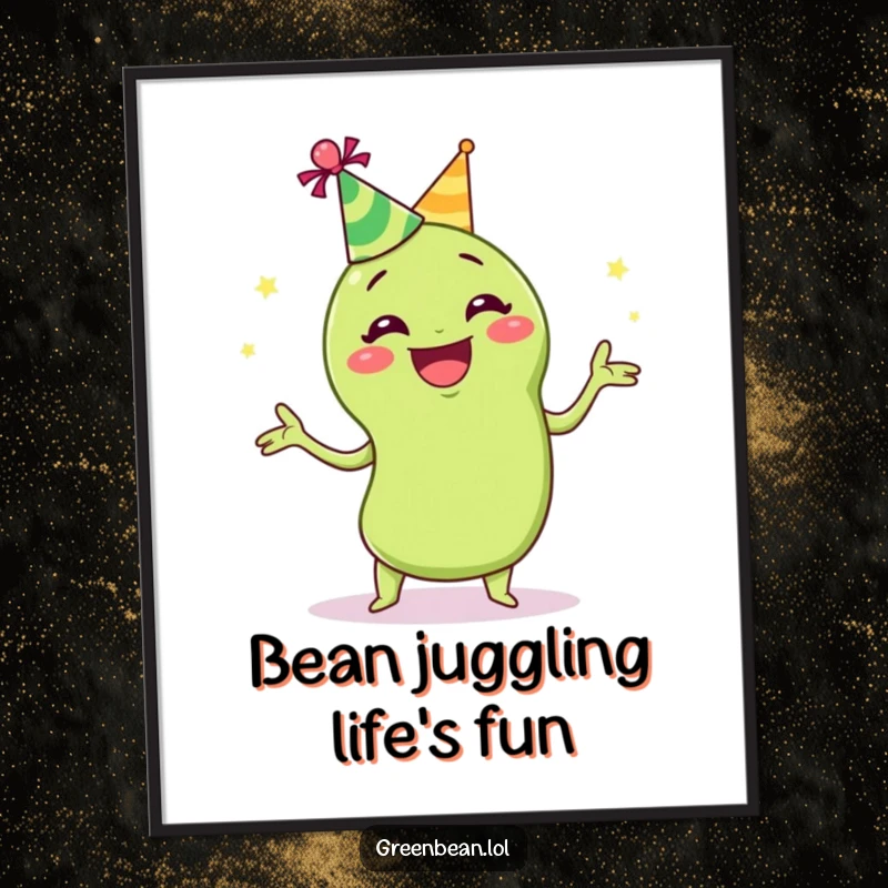 Funny Free Printable Wall Art: A grinning green bean wearing a tiny party hat, juggling colorful items.