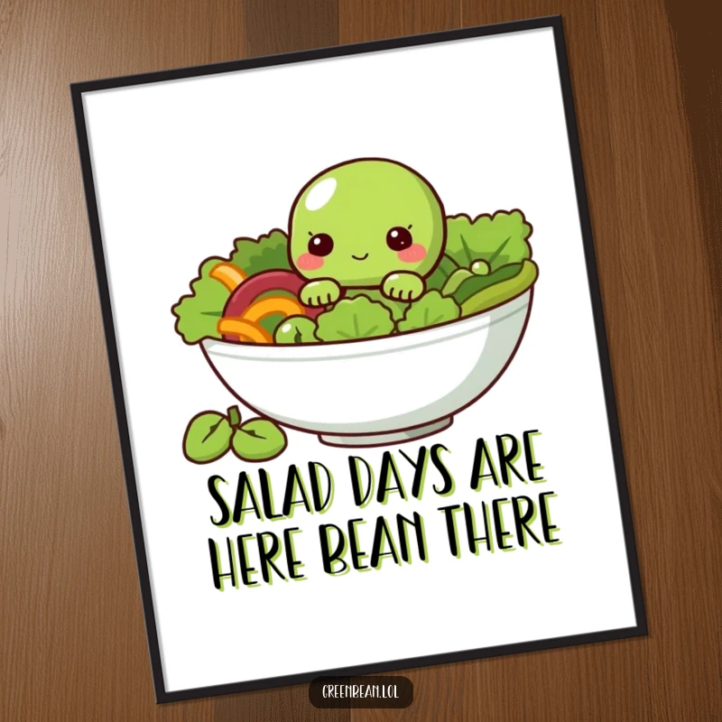 Funny free printable wall art of a shy green bean peeking from a salad bowl, adding quirky humor to any room.