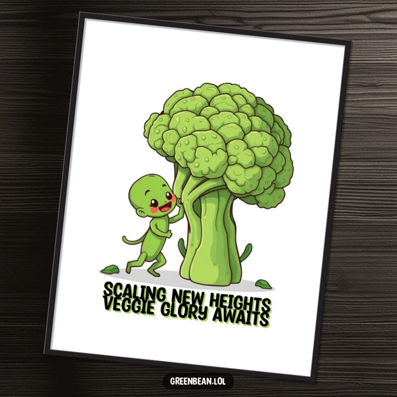 Funny Free Printable Wall Art: Energetic green bean determinedly scaling a towering broccoli stalk.
