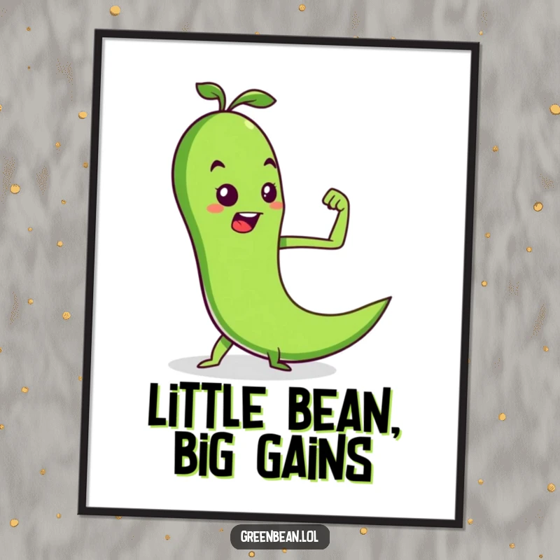 Funny Free Printable Wall Art: A determined green bean character flexing a tiny pea muscle, humorous and powerful downloadable art.