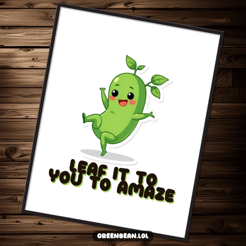 Funny Free Printable Wall Art: Cheerful green bean character doing a cartwheel, leafy top trailing, full of motion.