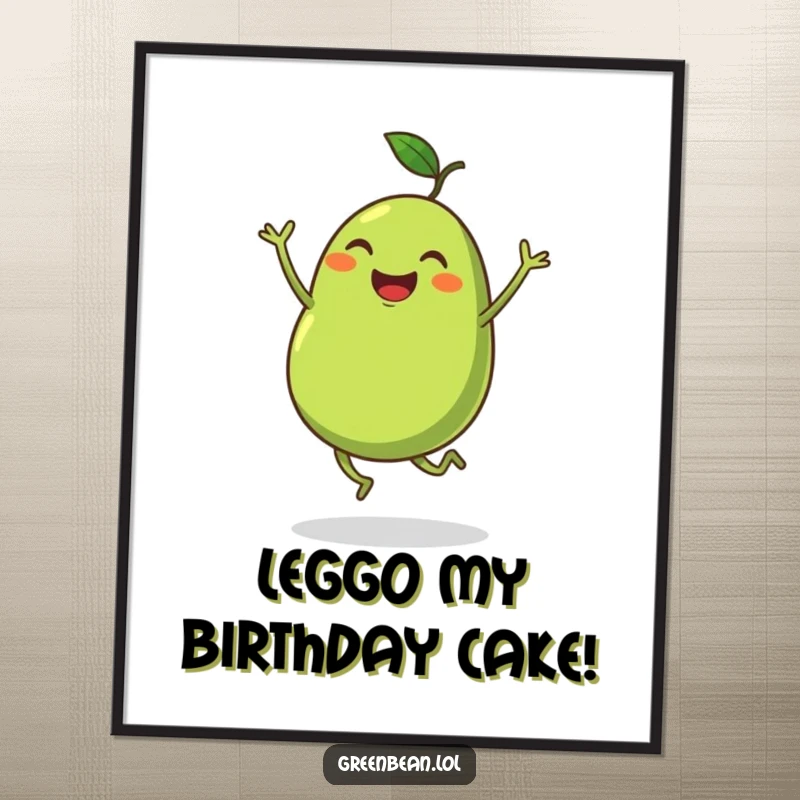 Funny Free Printable Wall Art: Energetic Green Bean with Tiny Legs Happily Dancing, Whimsical and Cheerful Decor