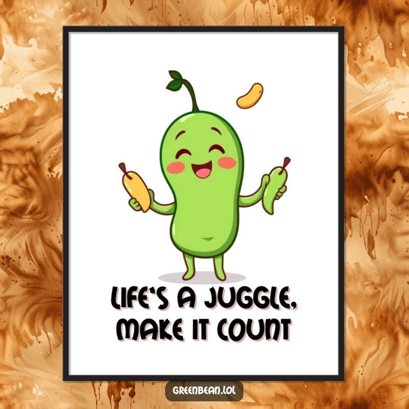 Funny Free Printable Wall Art: Cheerful green bean character joyfully juggling three other green beans, creating a sense of fun and playfulness.