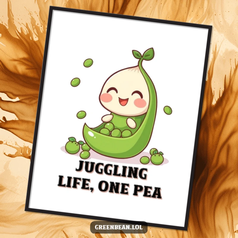 Free Printable Wall Art depicting a cheerful green bean segment skillfully juggling tiny peas, showcasing a moment of delightful performance.