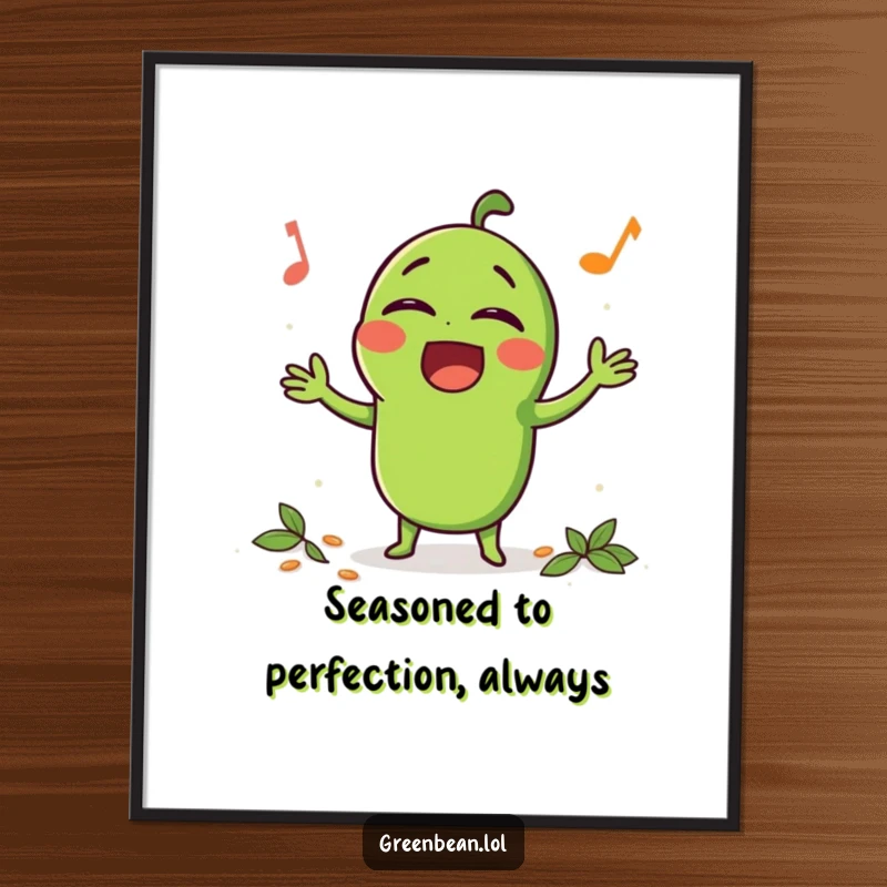Funny Free Printable Wall Art: Happy green bean character singing loudly while being seasoned, creating a vibrant and humorous piece of art.