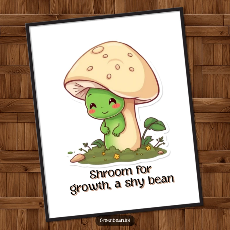 Funny Free Printable Wall Art: Shy green bean character hiding behind a large friendly mushroom, adorable downloadable art.