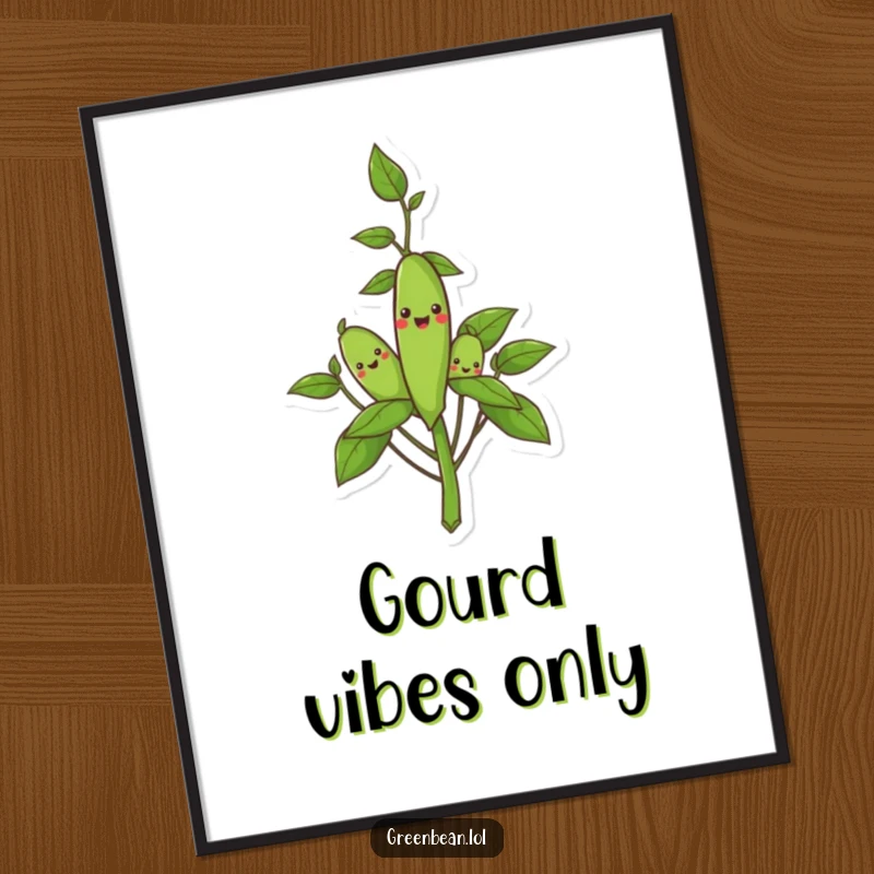 Funny Free Printable Wall Art: Close-up of a green bean plant with smiling pods, kitchen decor, whimsical.