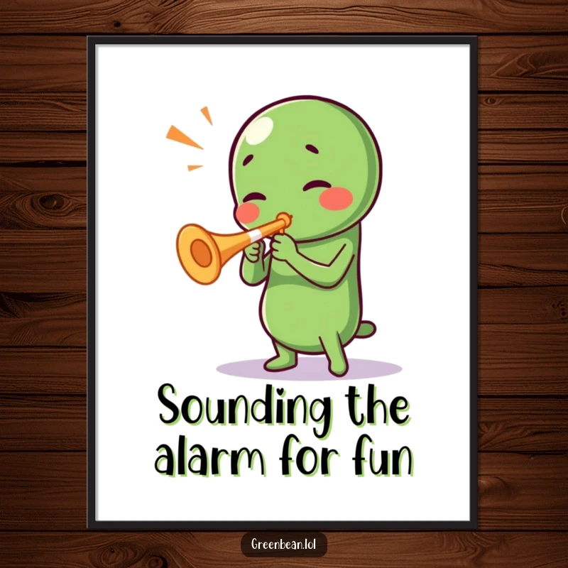 Funny Free Printable Wall Art: A green bean character playing a tiny trumpet with immense passion and a big, goofy grin.