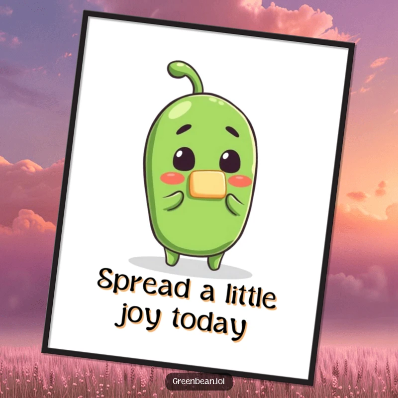 Funny free printable wall art of a surprised green bean character having a tiny butter pat applied, adding unexpected kitchen humor.