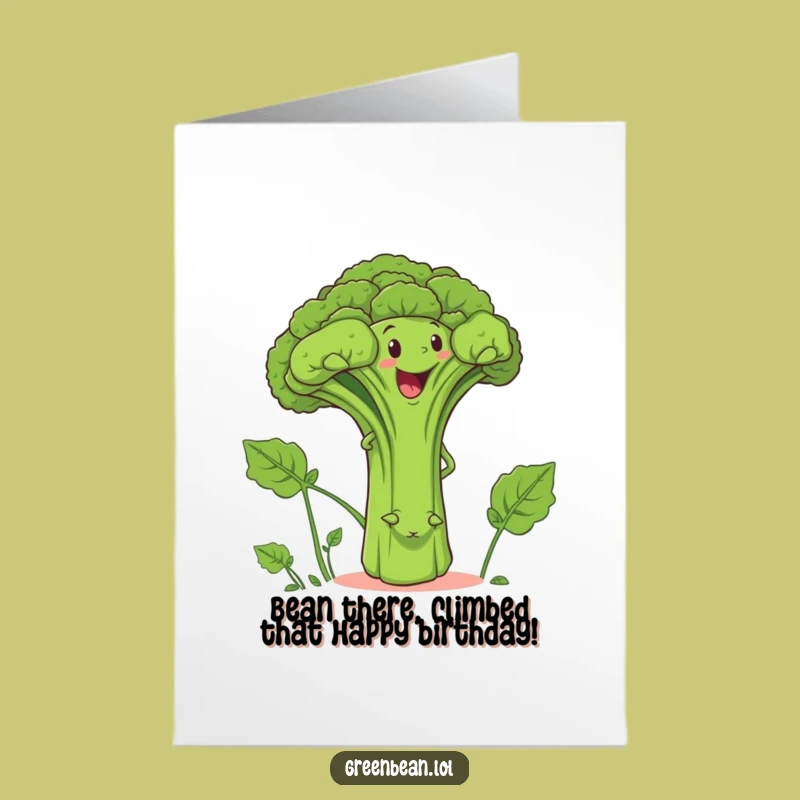Free Printable Birthday Card: Determined Green Bean Climbing Broccoli Funny Downloadable Gift
