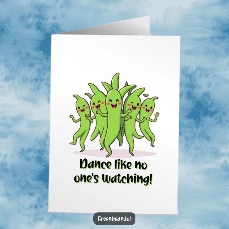 Funny Free Printable Birthday Card: A bunch of cheerful green beans performing a synchronized dance routine.