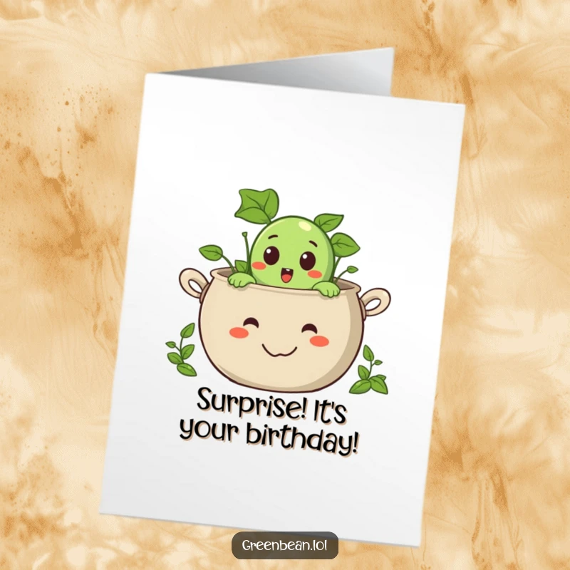 Funny Free Printable Birthday Card: Surprised green bean character peeking from a giant smiling pot, ready for birthday fun.